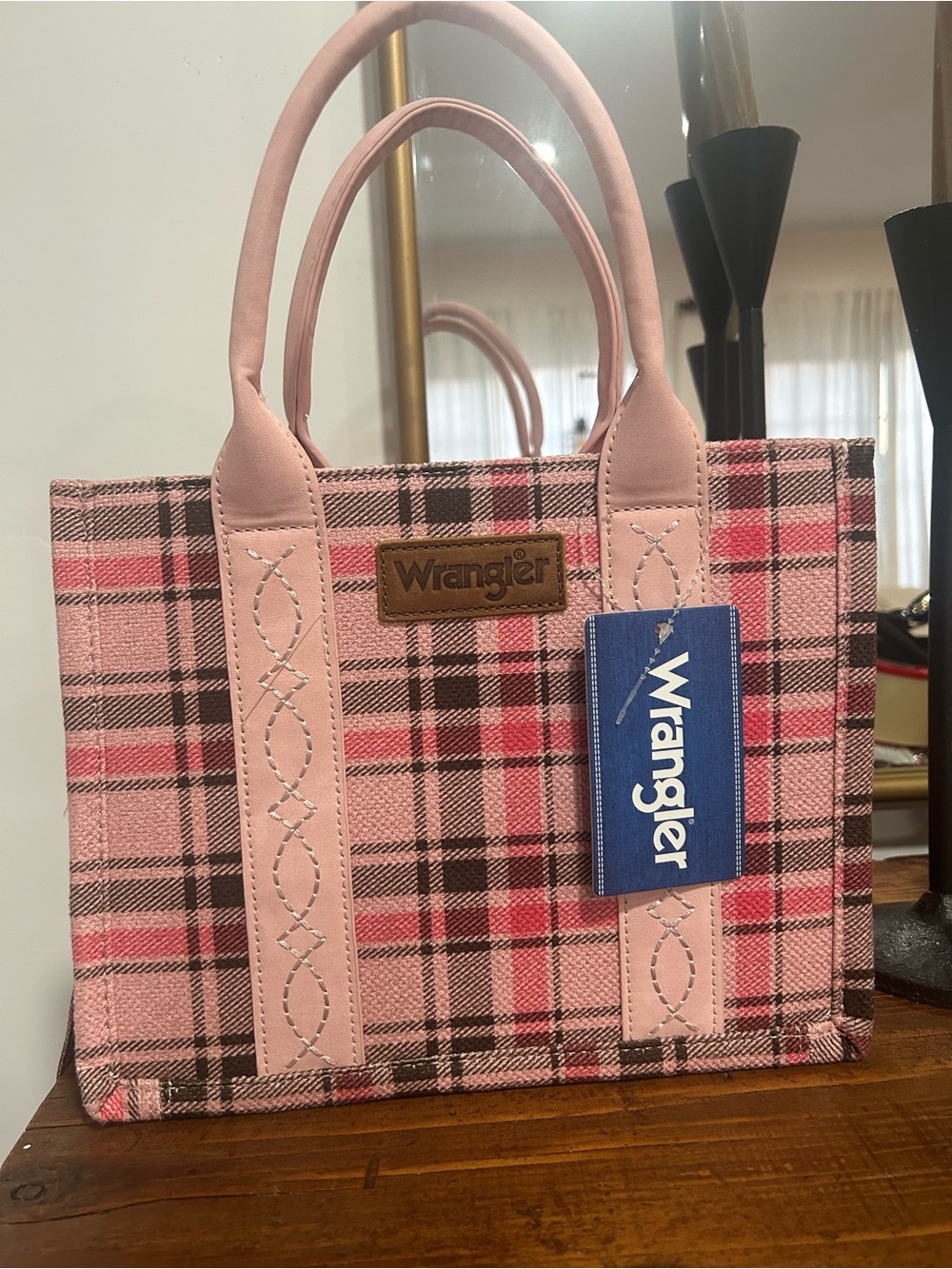 Wrangler Pink Plaid Tote with Leather-Style Handles